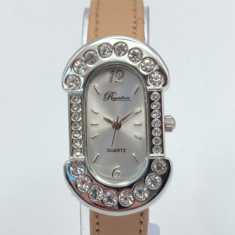 Royalton Women's Watch Silver Tone Crystals Bling Leather Band New Battery 7.5"